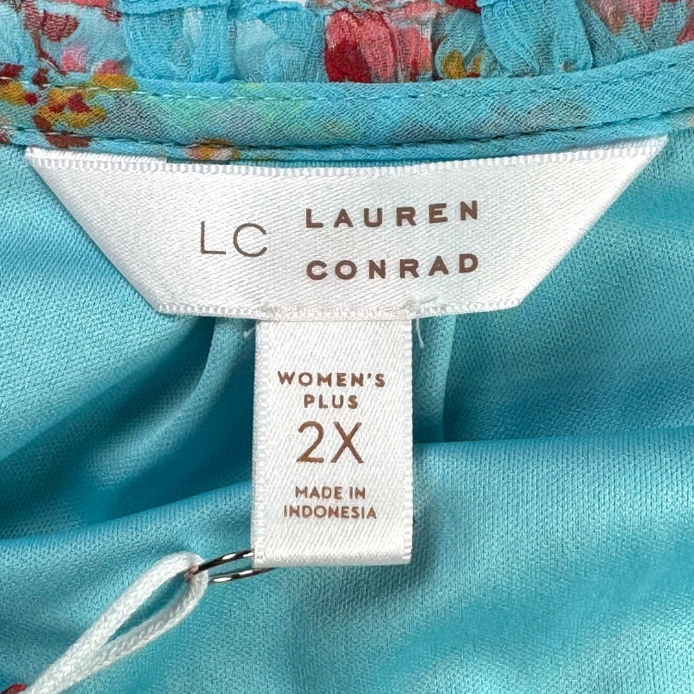 LC Lauren Conrad Womens Plus 2X Blue Floral Pleat Neck Ruffle Dress Lined Flowy - Picture 6 of 10